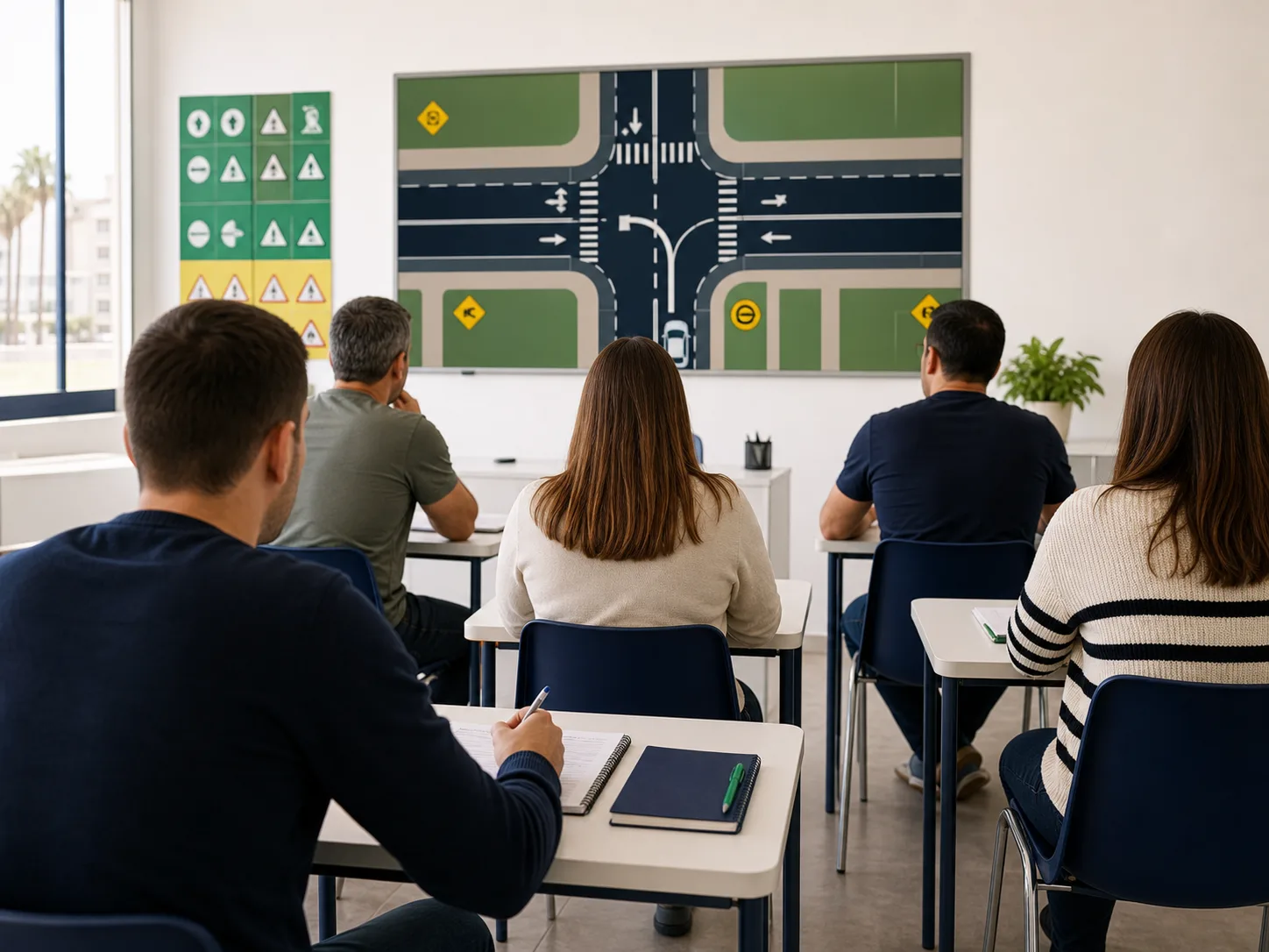 Clase teórica con material vial en el aula de Autoescuela Alcaravaneras