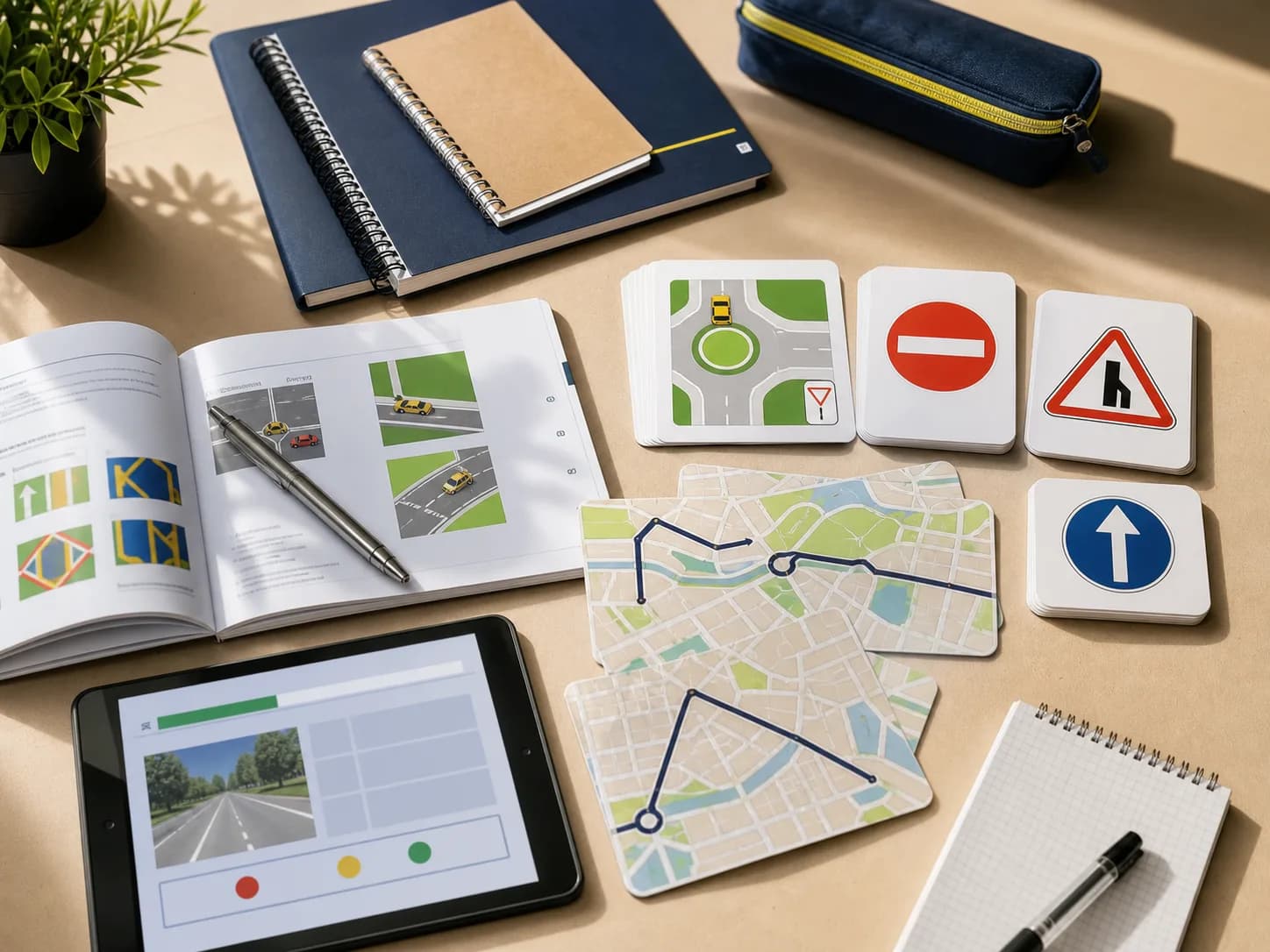 Material de estudio con señales, rutas y apuntes de conducción