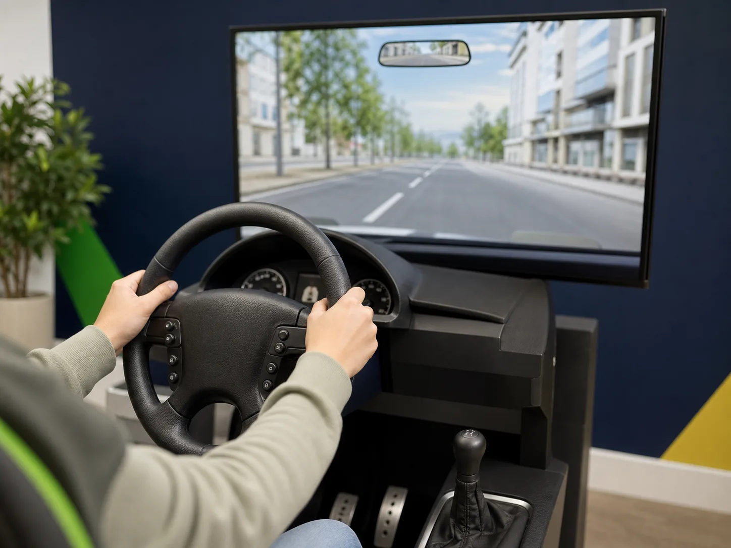 Simulador de conducción con volante y pantalla de práctica urbana