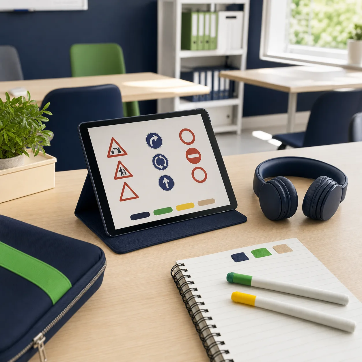 Material bilingüe de teoría vial con tableta, auriculares y apuntes