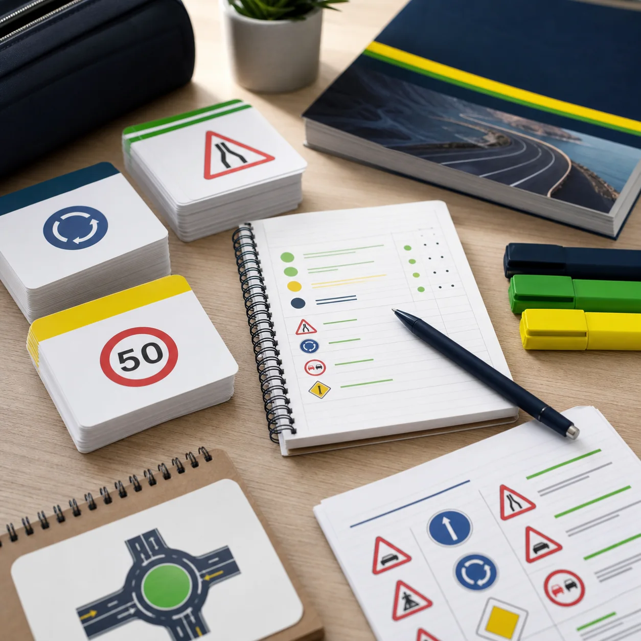 Material de estudio con señales de tráfico, tarjetas y apuntes