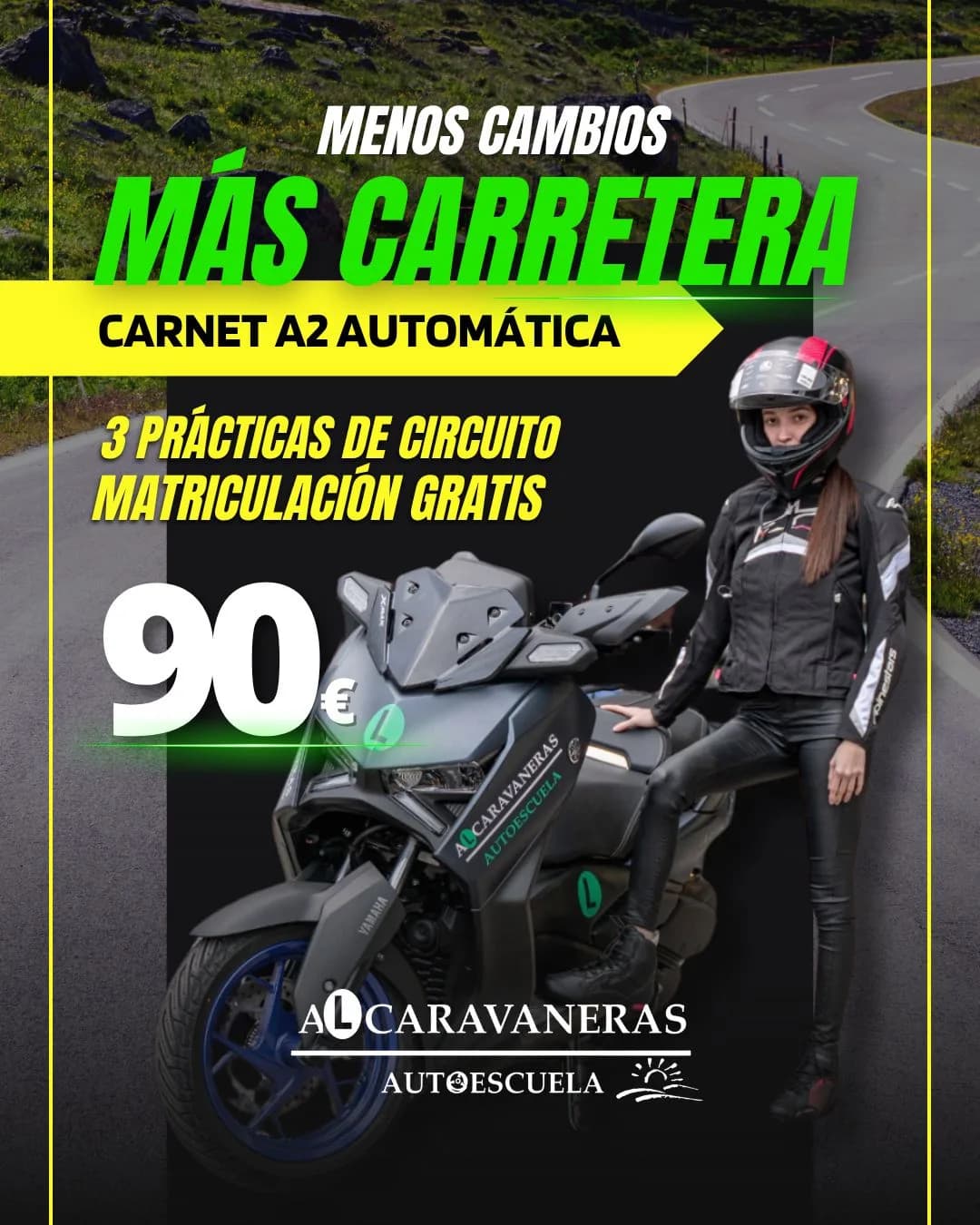 Menos cambios, más carretera. Carnet A2 en moto automática: 3 prácticas de circuito y matriculación gratis por 90 €. En la imagen, una alumna con casco junto a un scooter de prácticas de Autoescuela Alcaravaneras.
