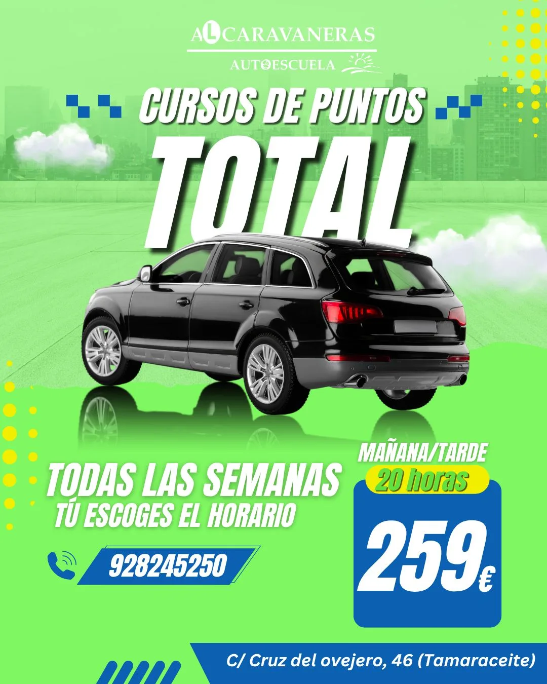 Cursos de recuperación total de puntos: todas las semanas, tú escoges el horario de mañana o de tarde. 20 horas por 259 €.