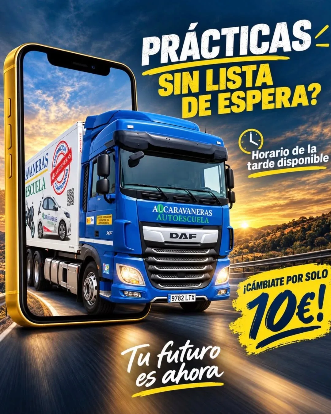 ¿Prácticas sin lista de espera? Horario de la tarde disponible. Cámbiate por solo 10 €. Tu futuro es ahora. En la imagen, un camión de prácticas de Autoescuela Alcaravaneras.