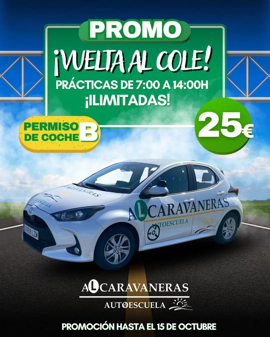 Promo «¡Vuelta al cole!»: prácticas ilimitadas de 7:00 a 14:00 para el permiso de coche B por 25 €. Promoción hasta el 15 de octubre. En la imagen, un coche de prácticas de Autoescuela Alcaravaneras.