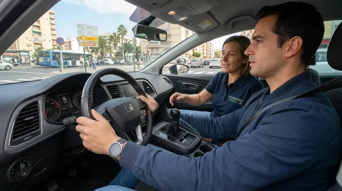 Alumno al volante de un coche manual durante una clase práctica, con la profesora a su lado