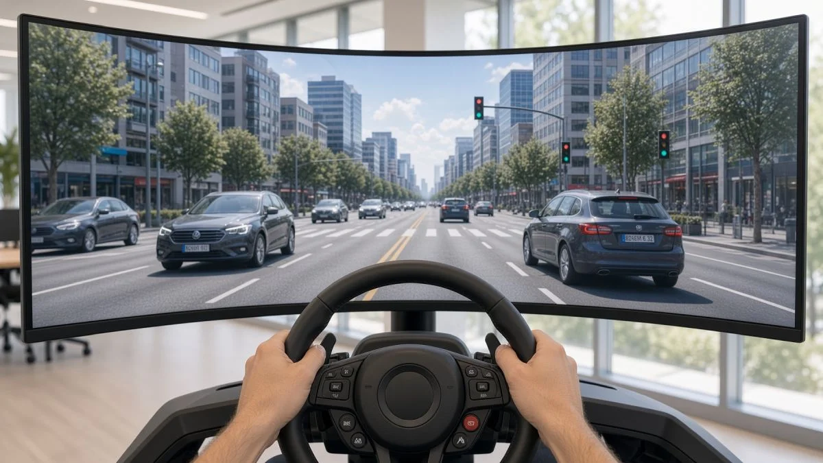 Manos sobre el volante de un simulador de conducción con pantalla curva que muestra una calle con tráfico